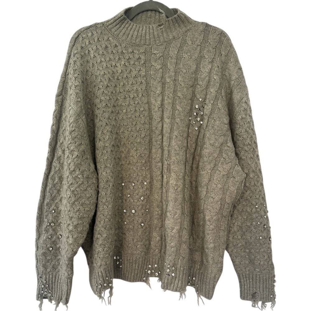 Zara High Neck Destroyed Crystal Studded Cable Knit Sweater In Gray Large Nwot View 2